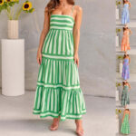 Summer Striped Printed Suspender Long Dress With Pockets