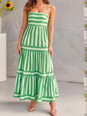 Summer Striped Printed Suspender Long Dress With Pockets